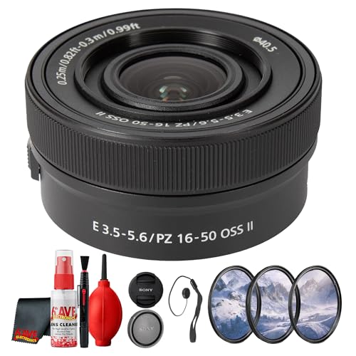 Sony E PZ 16-50mm f/3.5-5.6 OSS II Lens E Black for Walkaround Shooting Landscapes Vlogging Lightweight Setups and Everyday Autofocus (SELP16502) + Lens Filter Kit +More (7pc Bundle)