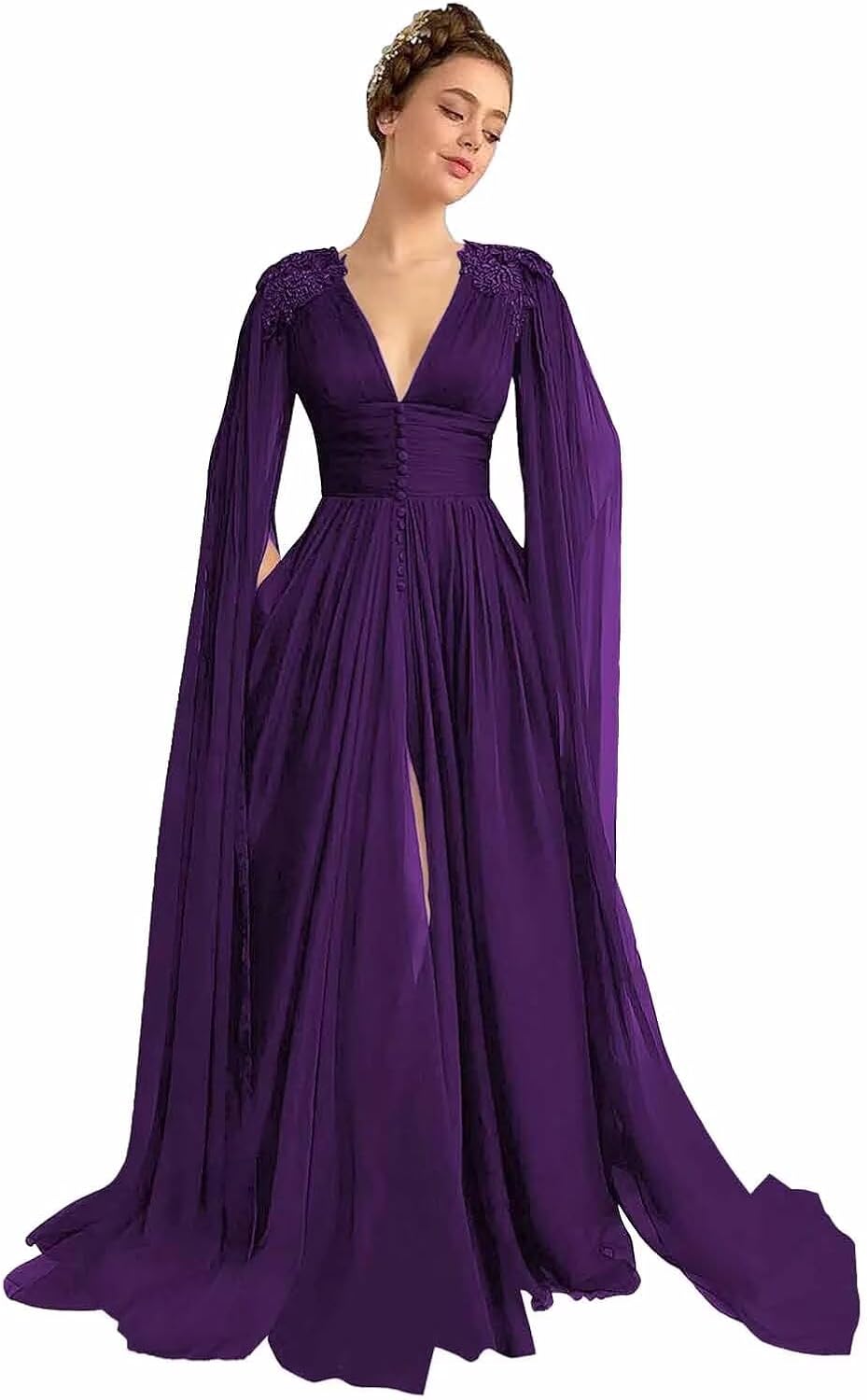 Women's Tulle Prom Dresses with Cape V Neck Lace Applique Ball Gowns Long Slit Formal Evening Dresses with Pockets