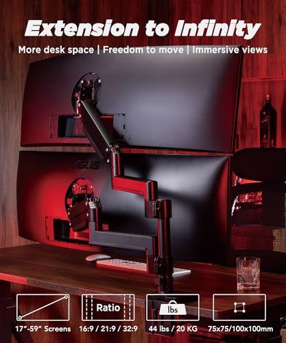 Image of ULTRARM Heavy Duty Dual Monitor Arm for Ultrawide Monitors up to 57 inch and 44 lbs, Dual Monitor Stand for Dual 49 inch Vertical Stacked Monitor Mount Height Adjustable - 100x100 VESA Mount, Black, MA20P-D