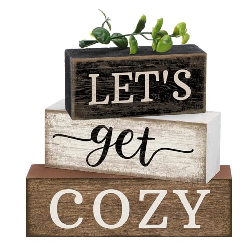 Image of Moucuny 4 Pcs Farmhouse Table Decor Inspirational Wooden Signs Rustic Eucalyptus Leaves Wooden Block Sign Gift Let's Get Cozy Farmhouse Table Centerpiece for Living Room Housewarming Gift