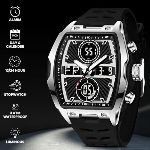 Image of V2A Impact-KUBIX 5410 Analog-Digital Watch for Men | Trendy Tonneau Shape | Bold Fashion Performance Watch with 3 Time Zones, Countdown, 50M Water Resistance, Alarm & Stopwatch