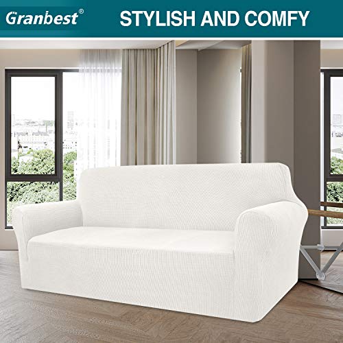 Granbest High Stretch Sofabezug Moderne Sofaüberwurf Jacquard Elastische Sofahusse für Wohnzimmer Protector für Hunde Haustiere (4 Sitzer, Creme)