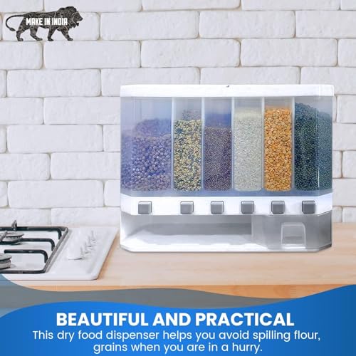 Image of 6 in 1 Wall-Mounted Grain Dispenser For Kitchen Storage Containers Organizers Box for Cereals, Pulses, Multigrain Pulses Dal Grain & Dry Food with Press Flow Control & Measuring Cup | 10 Kgs Capacity