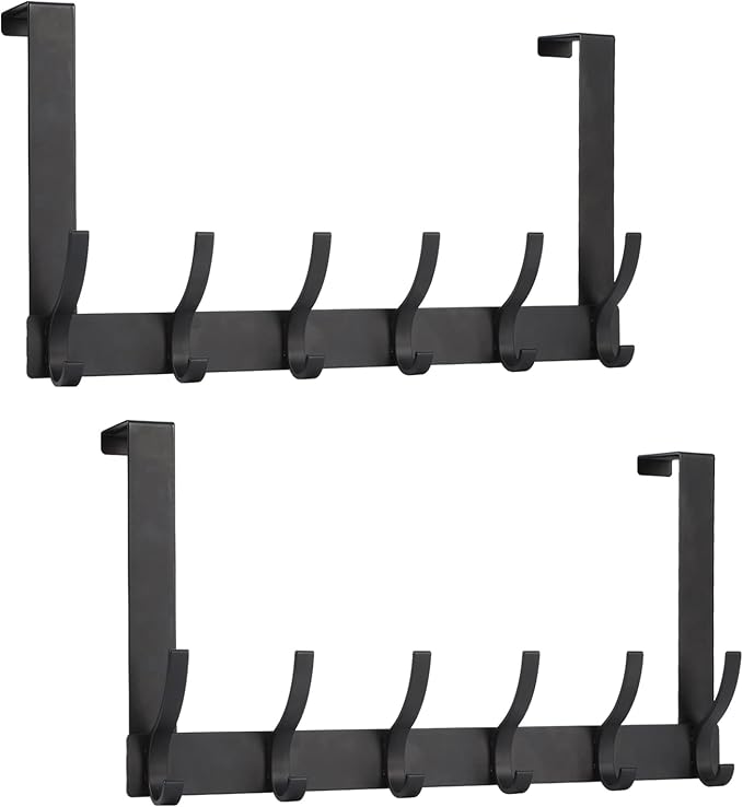 Optish Over The Door Hooks, Door Hanger Hooks for Hanging, Over The Doors Towel Racks for Bathroom with 12 Coat Hook, Coat Rack Bathroom Accessories（2 Pack, Black）