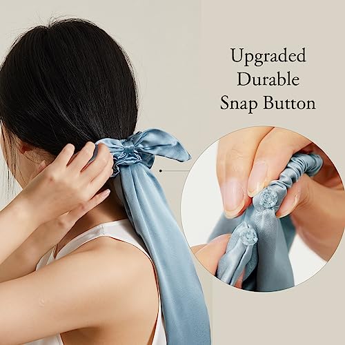 Image of LILYSILK 100% Silk Bonnet for Sleeping & Daily Usage, 2-in-1 Silk Hair Ties with Silk Scrunchies for Long and Curly Hair Elastic Adjustable for Women Ladies and Girls Blue Haze