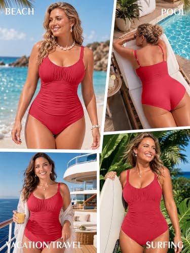 Image of One Piece Swimsuit for Women Tummy Control Bathing Suits Ruched Swimwear