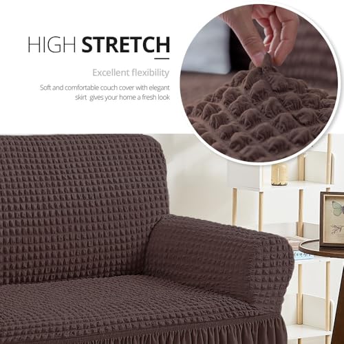 NICEEC Sofa Slipcover Brown Sofa Cover 1 Piece Easy Fitted Sofa Couch Cover Universal High Stretch Durable Furniture Protector with Skirt Country Style (3 Seater Chocolate Brown) - Image 3