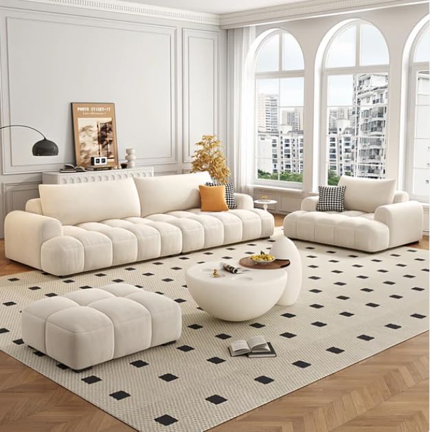 Bubble Sofa | Italian Minimalist Modern Sectional | Plush Tufted Fabric Couch | Beige Modular Lounge Set | No Assembly Required (Off White, Three Seater + Ottoman)
