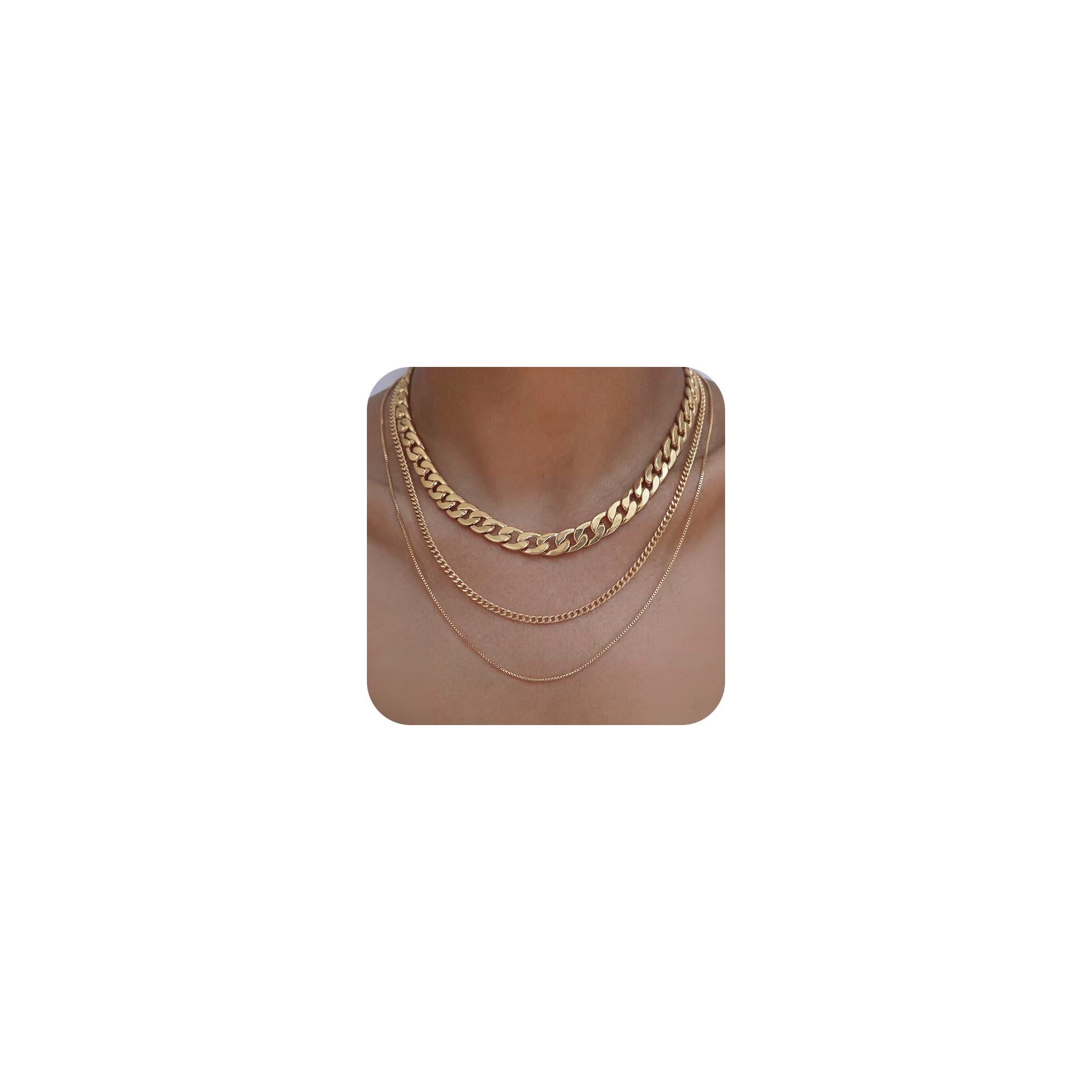 Tewiky Layered Necklaces for Women Non Tarnish- Chunky 14k Gold Plated Herringbone/Snake/Rope/Box/Cuban Link Chain for Women Waterproof Layering Stack Choker Necklace Trendy Dainty Tarnish Free Jewelry Set