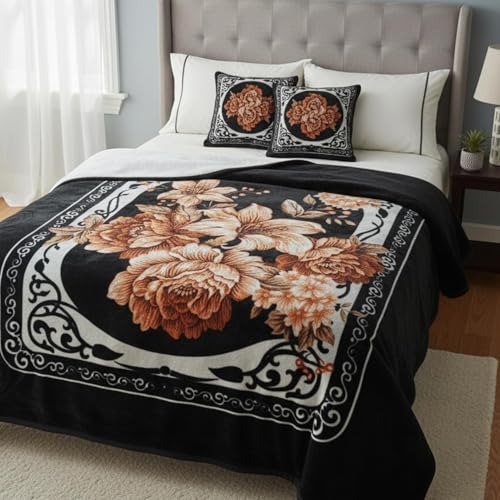Image of HEMAKAS CLOTHINGS Luxurious Heavyweight Microfiber Korean-Style Plush Blanket, Floral Velvet, 240x220 cm, Winter Comfort, Single Layer (Black Multicolor, Single)