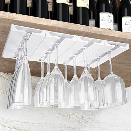 Ptbeenta Plastic Wine Glass Rack, No Drilling Wine Glasses Holder Under Shelf & Cabinet, Hanging Stemware Rack Organizer Hanger For Bar Cabinet Kitchen, 4 Pack, White, 4 Coasters Included #TOP1