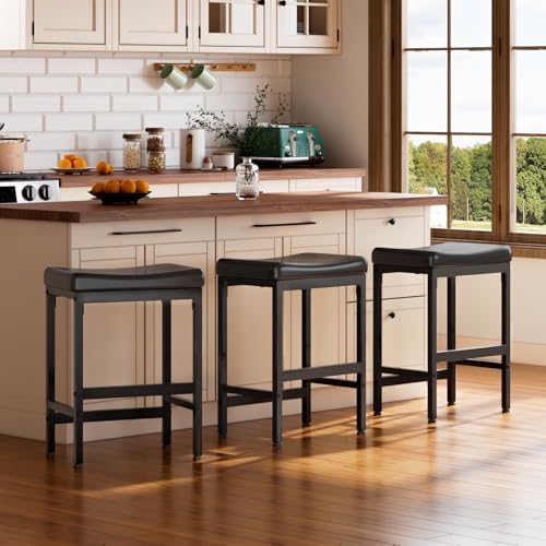 Image of RALGEND Bar Stools Set of 3, Counter Height Stools, 24 inch Saddle Barstools with Curved Surface, Kitchen Breakfast Bar Stools with Footrest, Thick Saddle Seat, Bar Stools for Kitchen Dining, Black