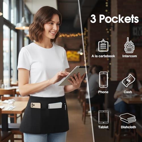Image of BOHARERS 3-Pocket Waist Apron With American Flag Print Straps - Black Waitress Waiter Server Short Aprons