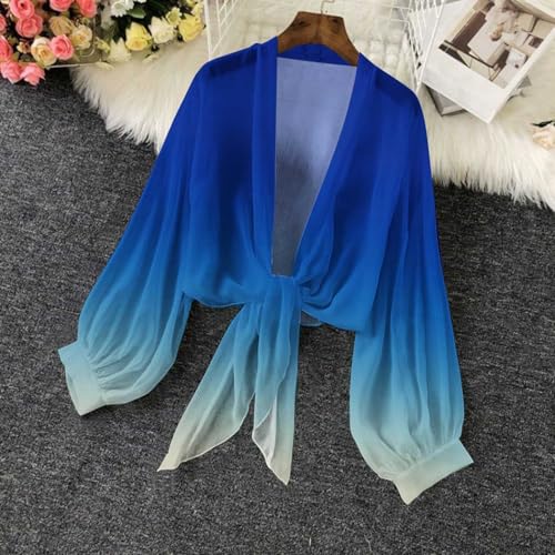 Chiffon Cardigan for Women 2025 Trendy Tie Front Crop Cardigans Long Puff Sleeve Cover Up Boho Beach Cover Ups3