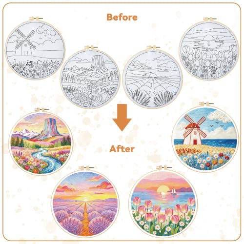 Image of BEUNITONE 4 Set Embroidery Kits for Beginners, Pink Scenery Design with Pre-Stamped Pattern Craft Kits Include Instruction and Hoops, 7.9 inchx7.9 inch Needlepoint Kits for Festival Gifts and Home Decor
