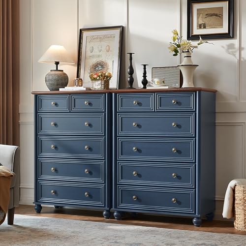 Farmhouse 6 Drawer Dresser Set of 2, Chest of Drawers for Bedroom, 43.5" Tall Blue Dresser with Roman Column, Rustic Wood Storage Dressers Organizer for Living Room, Hallway, Closet