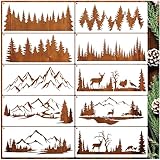10 Pieces Pine Tree Stencils for Painting, Mountain Stencil Template Reusable Forest Deer Stencils for Wood Burning Canvas Paper Fabric DIY Craft Window Wall Furniture (10 Pine Tree Deer)