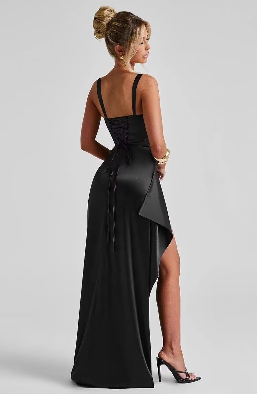 Satin Mermaid Prom Dress with Corset Long Ruffle Square Neck Pleated Formal Party Dress with Slit MT105