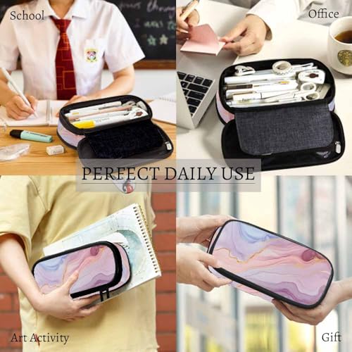 Image of Yekiua Marble Texture Pencil Case Abstract Colorful Mix Acrylic Paint Modern Alcohol Ink Translucent Big Capacity Pencil Pouch Office College Makeup Bag Pink