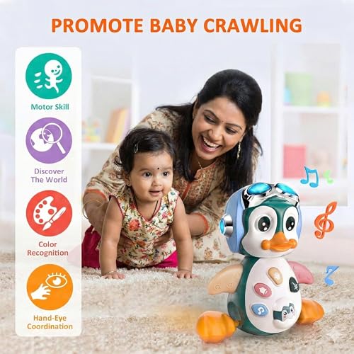 Image of Kidology Crawling Penguin Baby Toy with LED Lights | Interactive Musical Kids Toy for Early Learning & Entertainment | Perfect Christmas and Birthday Gift for Toddlers & Infants (Blue)