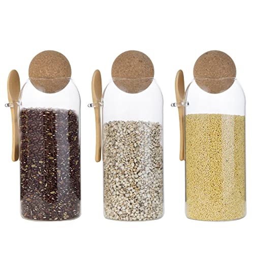 Eden & Willow Clear Glass Kitchen Jar with Cork Ball Lid and Bamboo Spoon | BPA-Free Mason Canister for Coffee, Beans, Spices, Dry Foods (Set of 3, 1.2L)