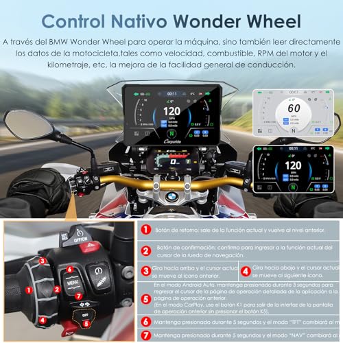 Control nativo Wonder Wheel del dispositivo Carpuride que permite operar fácilmente los datos de la motocicleta como velocidad y nivel de combustible