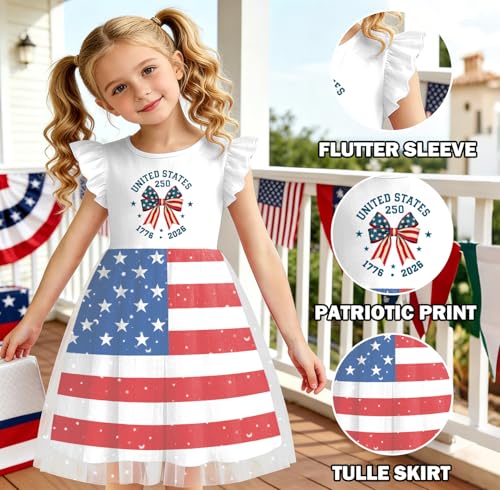 Image of Girls 4th of July Dress American Patriotic Outfit USA Independence Day Clothes Flutter Sleeve Tulle Tutu Dress 5-14y