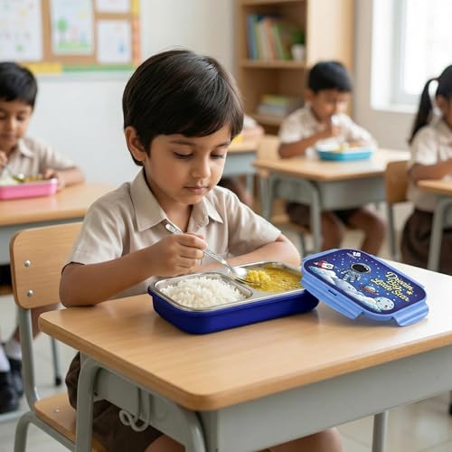 Image of Stainless Steel Lunch Box for Kids, Boys & Girls, Space Design with 2 Compartments, Leakproof Tiffin Box for School, BPA-Free, Easy to Carry & Clean, Multipurpose Lunch Box for Outdoor Use