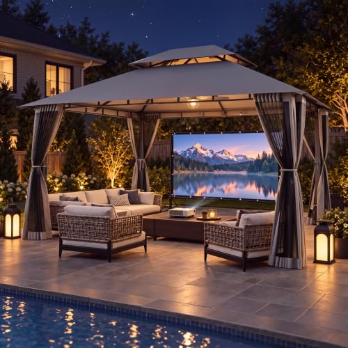 Aoxun 12x10 Outdoor Gazebo with 120 Inch Projector Screen, Gray