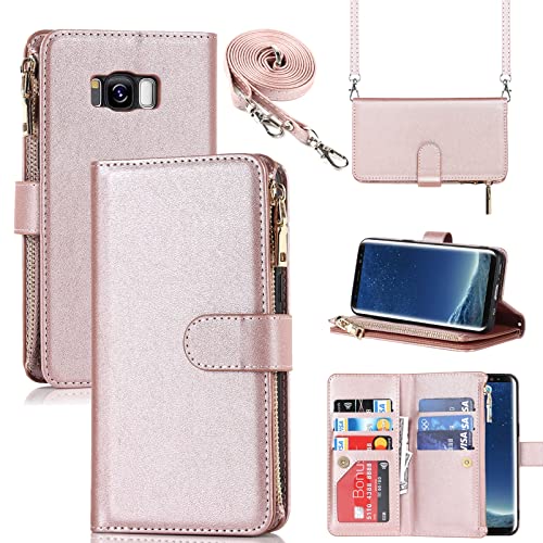 Jaorty Samsung Galaxy S8 Wallet Case,[9 Card Slots] Removable Adjustable Crossbody Necklace Lanyard Shoulder Strap Zipper Magnetic Leather Case For Samsung Galaxy S8,5.8 Inch Rosegold #TOP20