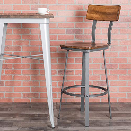 Flash Furniture Flint Series - Taburete de Bar rústico de Nogal con Asiento y Respaldo de Madera y Marco de Recubrimiento en Polvo Gris