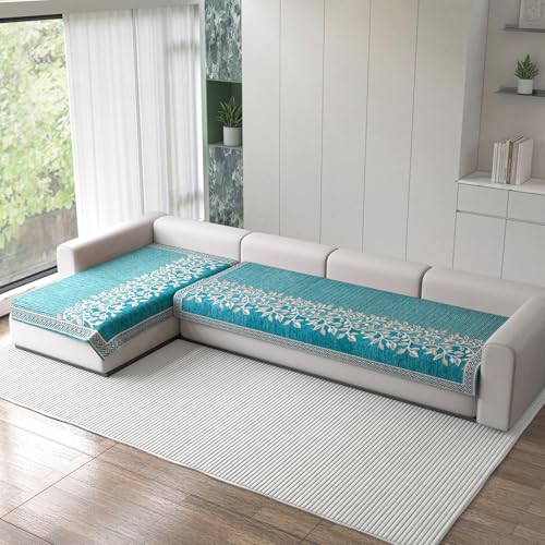Image of Nendle Superior Velvet Floral Sofa Mat 5 Seater Set Durable Protector for Living Room Mat 3 Seater and 2 Seater, Suitable for L Shape, Sectional and U Shape Sofa (Aqua, Pack of 2)