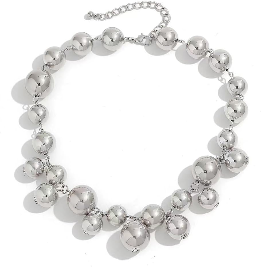 Unique Large Chunky Gold Beads Choker Necklaces for Women Trendy, Statement Big Thick Silver Beaded Bold Ball Necklace Punk Party Prom Jewelry Gifts - Image 9
