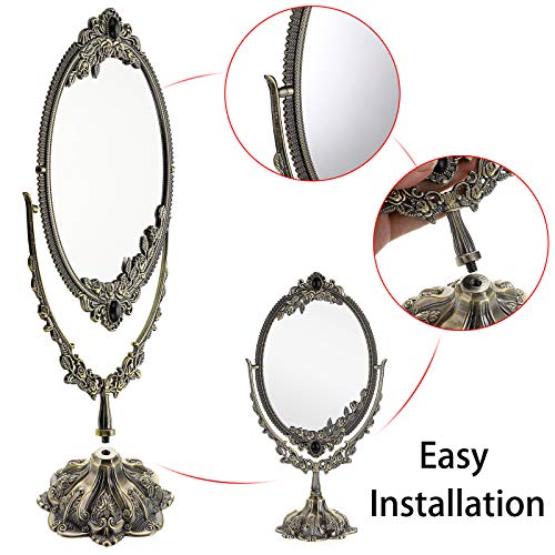 JUXYES Metal Tabletop Antique Decorative Makeup Mirror with Stand, Vintage Swivel Double Sided Cosmetic Mirror with Frame, Retro Desktop Oval Dressing Mirror for Bathroom Bedroom by JUXYES - Image 6