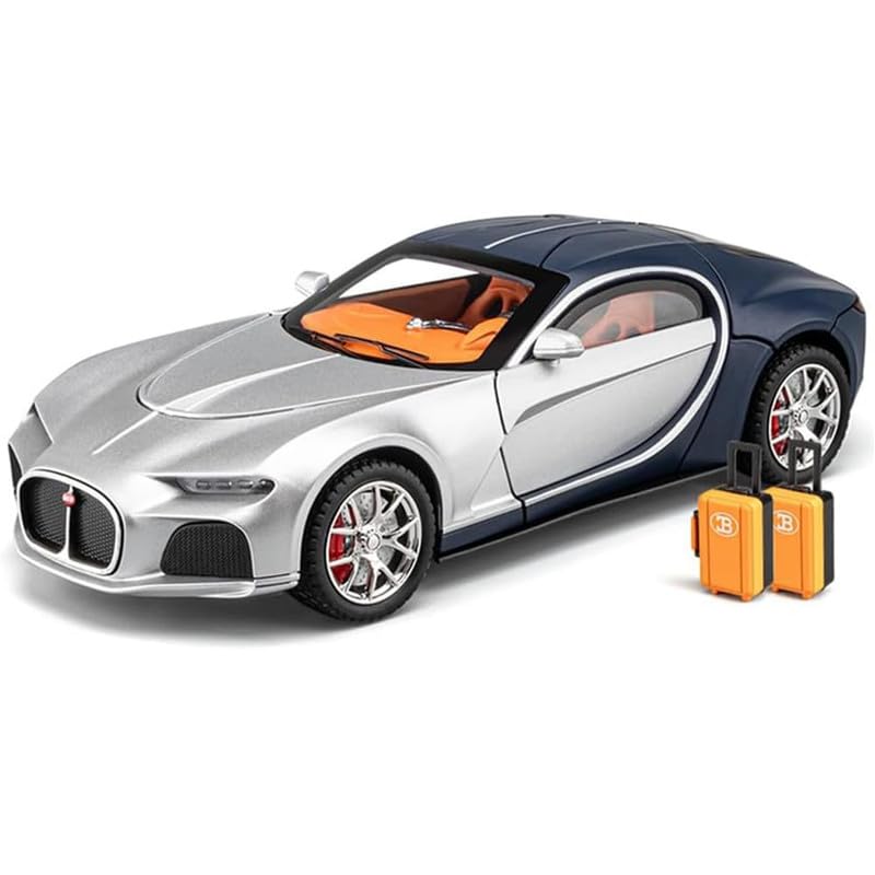 Image of Kids Model 1:24 Bugatti Atlantic Die Cast Metal Car Pull Back Action Opening Doors with Realistic Engine Sound Lights Toy Car Gift for Boys - Silver Black
