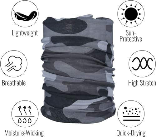 Multifunctional Headwear Neck Scarf Bandana Balaclava Face mask Headband Hairband Tube Gaiter Stretch Snood for Sports Yoga Running Cycling Hiking (Camo Grey) - Image 2