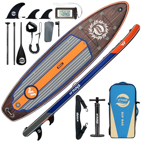 WNOVA 11' Inflatable Stand Up Paddle Board, 34' Extra Wide Stable iSUP for Adults & Youth, with Camera Mount & Premium Accessories, Non-Slip Deck for All Skill Levels (Deep Wood Grain)
