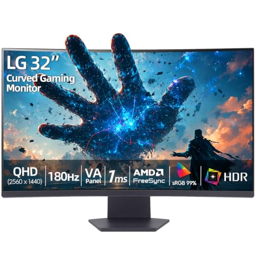 Image of LG 32 inch Curved Gaming Monitor, QHD 2560x1440, 180Hz Refresh Rate, 1ms GtG, 1000R Panoramic Curvature, AMD FreeSync, HDR10 sRGB 99%, 3-Side Borderless, HDMI, DisplayPort, Tilt Adjustable