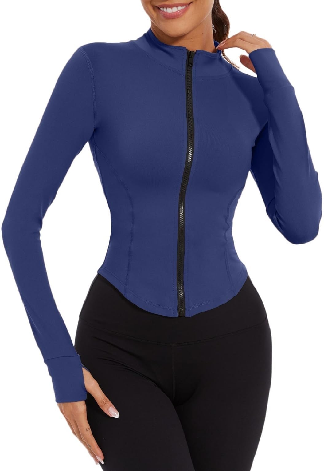 Chaqueta Deportiva para Mujeres Manga Larga Chaqueta de running con Cremallera Completa Chaqueta Corta de Entrenamiento con Orificio para el Pulgar Chaqueta Deportiva de Verano(Azul marino,S)