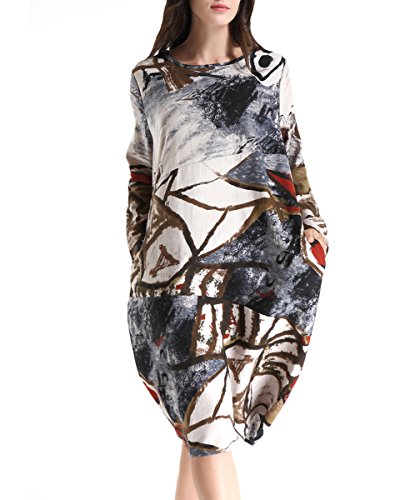 ellazhu Women Spring Cotton&Linen Bohemia Print Midi Dress OneSize SZ273 Brown Single