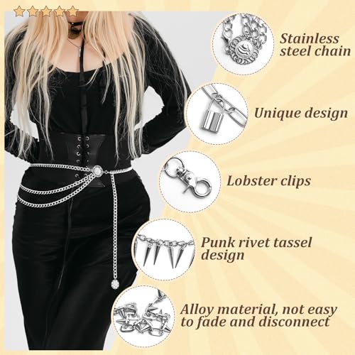 4 Pcs Multilayer Metal Waist Chain Belt for Women, Jean Pants Chain Adjustable Women Long Belt Body Belly Jewelry for Dresses Jeans Trousers wallet3