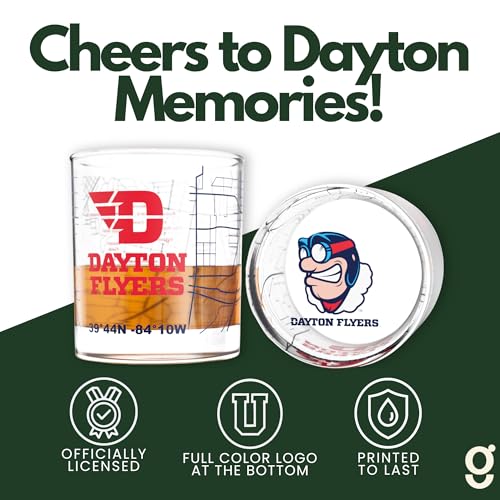 Image of Greenline Goods University of Dayton Flyers Whiskey Glasses Set of 2, 10 oz Rocks Glasses with Full-Color Logo & Campus Map - Officially Licensed Bourbon Glass Gift for Alumni & Fans