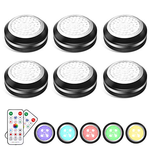 Elfeland Puck Lights Battery Operated Under Cabinet Lighting, LED 16 Color Changing Puck Lights with Remote Control & Timing, Dimmable LED Closet Lights for Kitchen Cabinet and Closet (6 Packs)