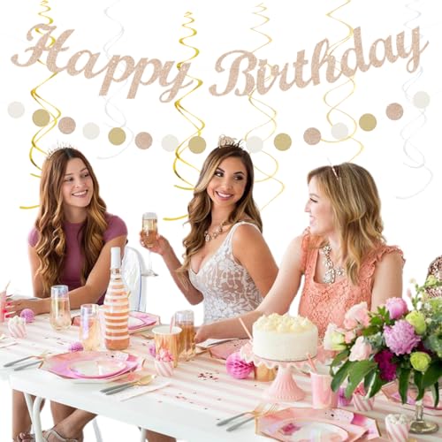 Image of Beige Champagne Rose Gold Women-Girls Birthday Decorations - 21pcs Fall Boho Party Happy Banner, Peach Streamers,Paper Lanterns,Pom Poms Fans 16th 18th 20th 21st 30th Birthday Rustic Backdrop Huglony