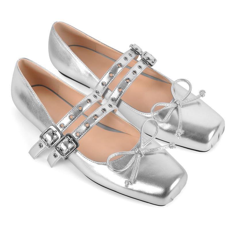 Women’s Mary Jane Flats Double Strap Buckle Ballet Shoes with Bow, Square Toe Slip On Dress Flats for Work, School, Daily Wear4