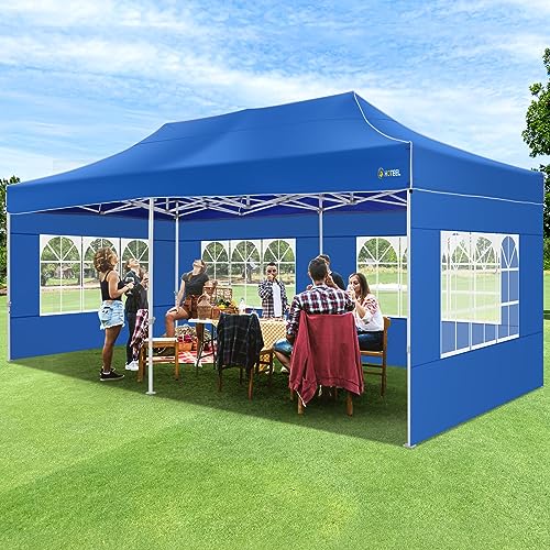 Image of HOTEEL 10x20 Pop up Canopy Tent for Parties, Heavy Duty Easy Setup Tent with 6 Sidewalls, Outdoor Commercial Instant Gazebo for Wedding Event, with Roller Bag & Sand Bags, Blue(Hexagonal Frame)