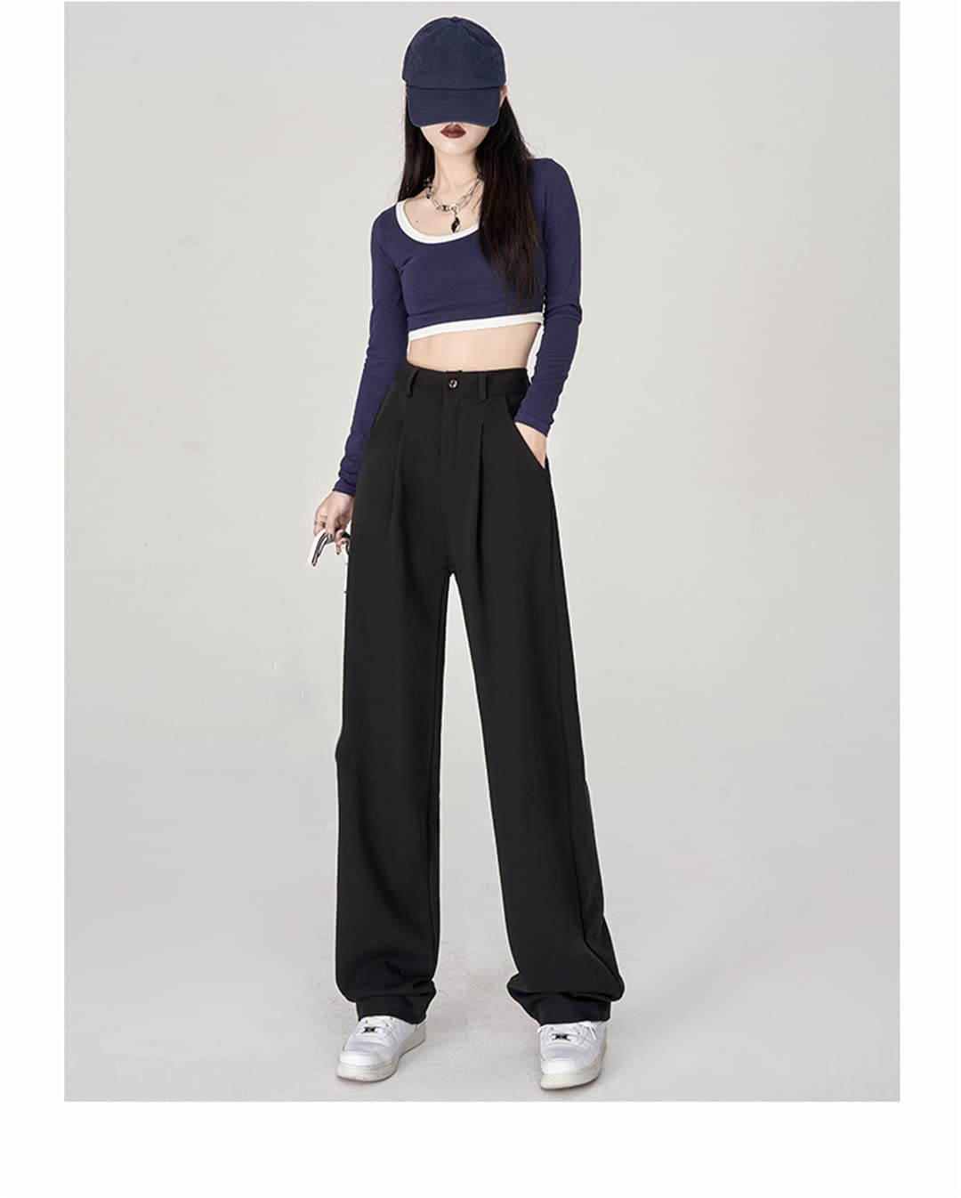 Pantaloni da donna Pantaloni a vita alta Pantaloni allentati Pantaloni larghi a tutta lunghezza ufficio Solido pieghettato, grigio, L