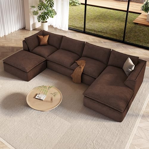 Image of Vesgantti 141.7 inch Oversized U-Shaped Boneless Sectional Sofa, Modern 6 Seater Modular Couch with Chaise and Ottoman, Deep Seat Corduroy Cloud Sofa for Living Room, No Assembly Required, Light Brown