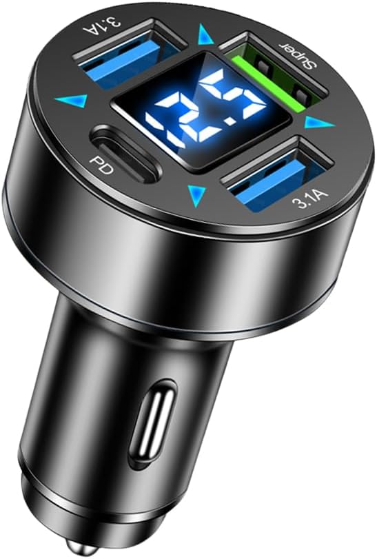 USB C Car Charger Adapter, 4 Ports Car Charger with Voltage Display Type C Car Phone Charger Cigarette Lighter USB Charger Fast Charging for iPhone 14/13/12/Mini/Pro/Pro Max, Samsung Galaxy & More