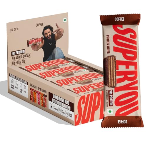 SuperYou Coffee Protein Wafer Bars (Pack of 10)|10g Protein, 3g Fiber, No Added Sugar|Yeast Fermented Protein|Energy Bars|Crunchy Wafer Bar|100% Vegetarian|No Palm Oil|400g